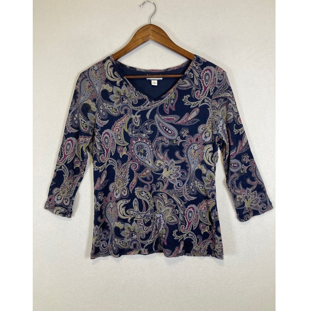 Boho Paisley Croft & Barrow Women Medium Navy Blue Mesh Overlay‎ 3/4 Sleeve Top